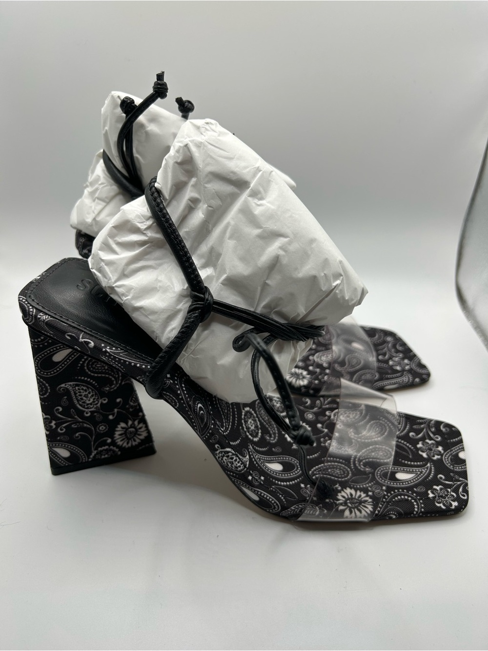 Schutz Mayla black and white paisley triangle heel sandal NWT various sizes